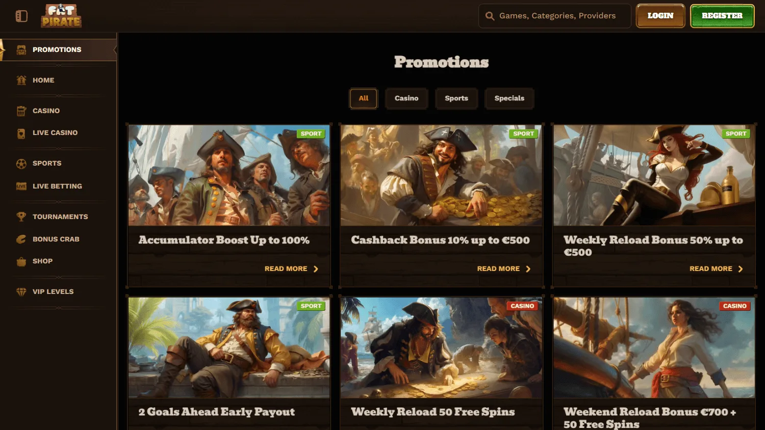 Fat Pirate Casino desktop promotions area