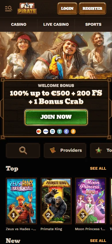 Fat Pirate Casino mobile home interface