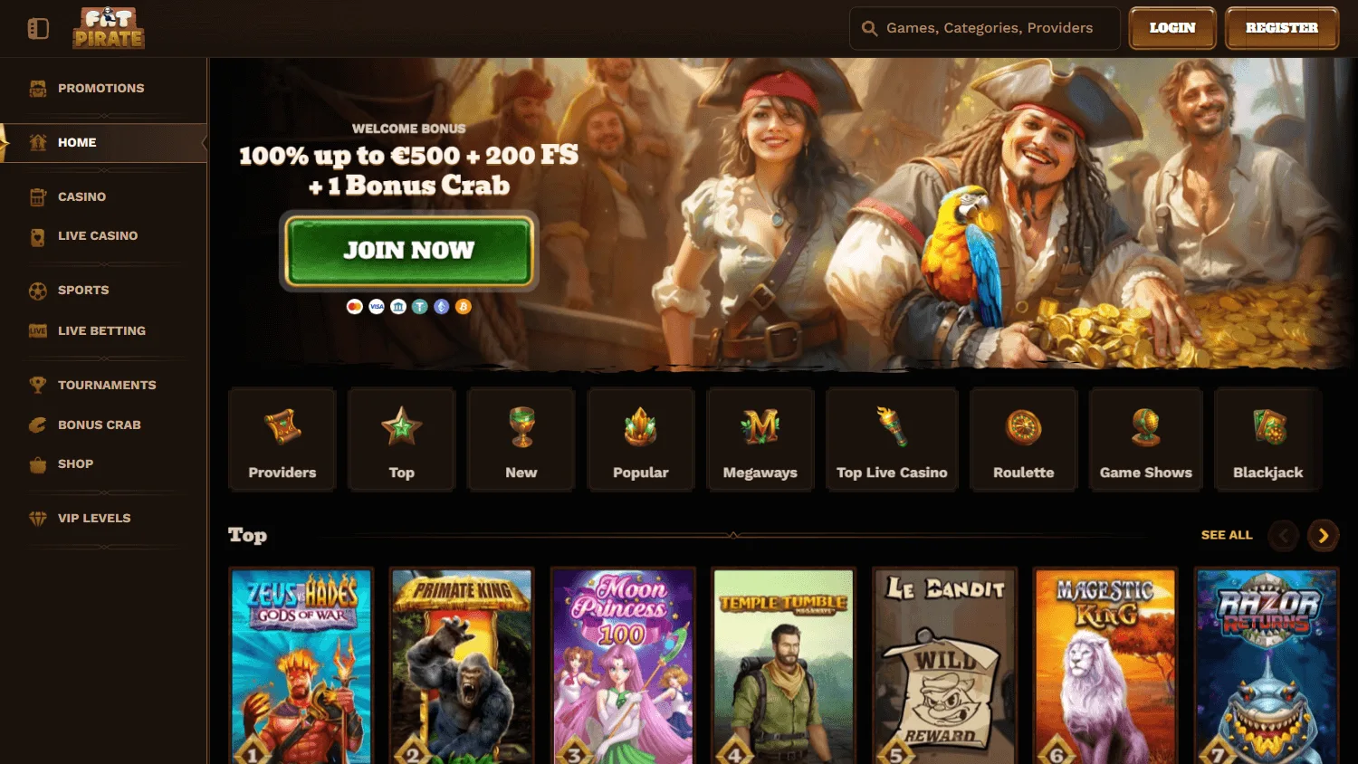 Fat Pirate Casino desktop home interface